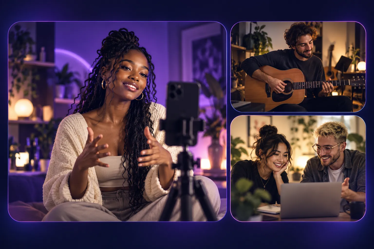 Illustration of creators filming, playing music, and collaborating